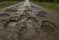 ilustrasi  gambar jalan rusak di Kukar by AI