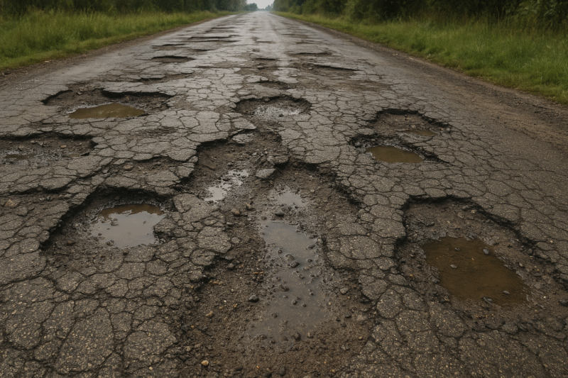 ilustrasi  gambar jalan rusak di Kukar by AI